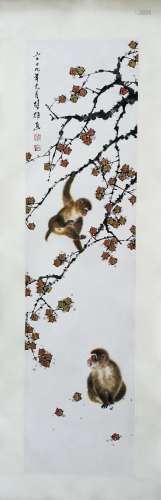 CHINESE SCROLL PAINTING OF MONKEY ON TREE SIGNED BY FANG CHU...