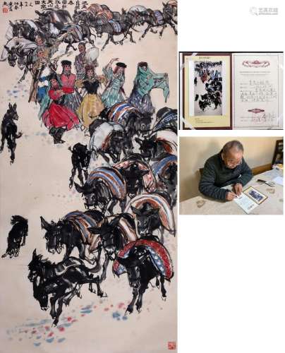 CHINESE SCROLL PAINTING OF GIRLS AND DONKEY SIGNED BY HUANG ...
