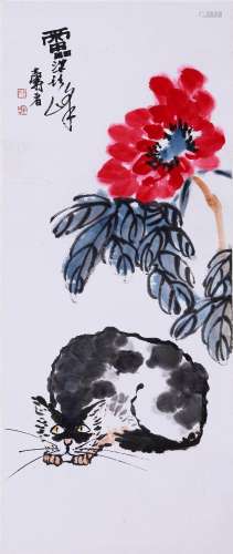 CHINESE SCROLL PAINTING OF CAT AND FLOWER SIGNED BY PAN TIAN...