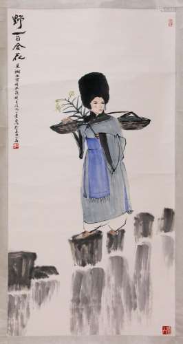 CHINESE SCROLL PAINTING OF BEAUTY ON RIVER SIGNED BY YAMING