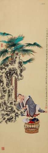 CHINESE SCROLL PAINTING OF MAN BY GARDEN ROCK SIGNED BY REN ...