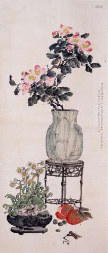 CHINESE SCROLL PAINTING OF FLOWER IN VASE SIGNED BY LU XIAOM...
