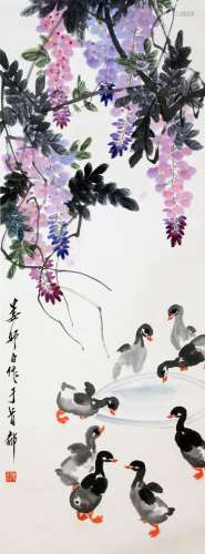 CHINESE SCROLL PAINTING OF FLOWER AND DUCK SIGNED BY LOU SHI...