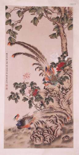 CHINESE SCROLL PAINTING OF PHOENIX UNDER TREE SIGNED BY LU Y...