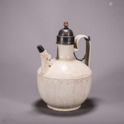 CHINESE SILVER MOUNTED DING KILN WHITE GLAZE KETTLE