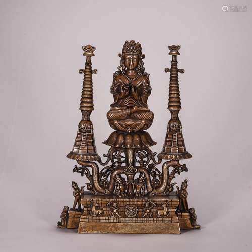 TIBETAN SILVER INLAID BRONZE SEATED BUDDHA WITH TOWER