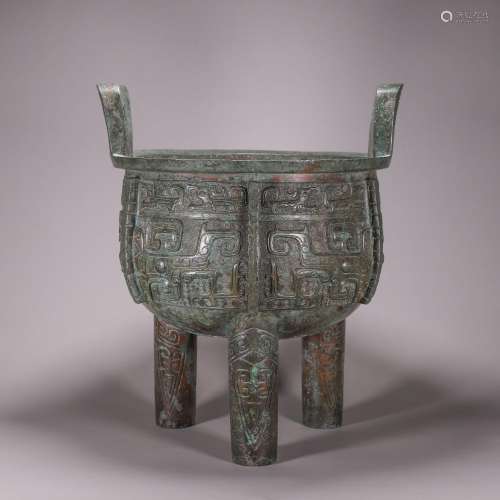CHINESE ANCIENT BRONZE TRIPLE FEET TWO HANDLED ROUND CENSER ...