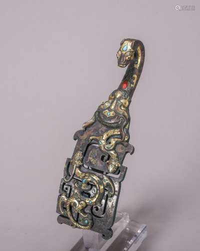 CHINESE GOLD SILVER TURQUOISE RUBY INLAID DRAGON BELT HOOK