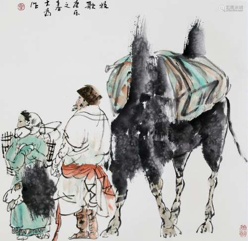 CHINESE SCROLL PAINTING OF PEOPLE AND CAMEL SIGNED BY LIU DA...