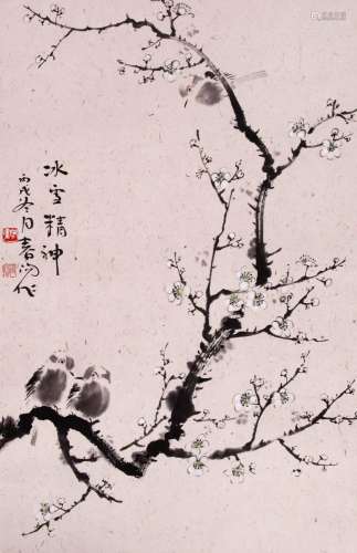 CHINESE SCROLL PAINTING OF BIRD AND FLOWER SIGNED BY HUO CHU...