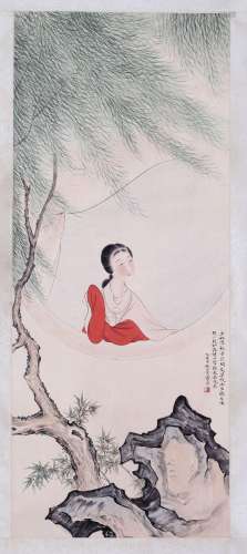 CHINESE SCROLL PAINTING OF BEAUTY IN GARDEN SIGNED BY LU XIA...