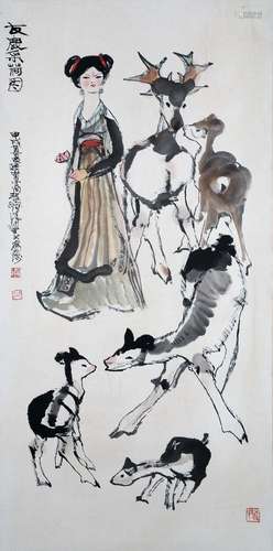 CHINESE SCROLL PAINTING OF GIRL AND DEER SIGNED BY CHENG SHI...