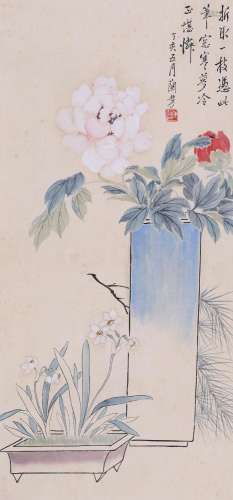CHINESE SCROLL PAINTING OF FLOWER IN VASE SIGNED BY MEI LANF...