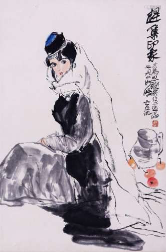 CHINESE SCROLL PAINTING OF BEAUTY SIGNED BY ZHOU SICONG