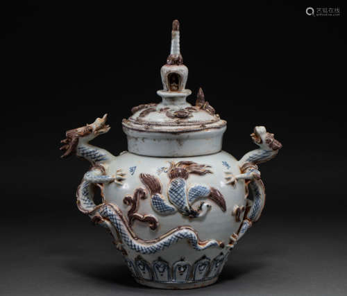 Chinese Yuan Dynasty blue and white Buddha jar