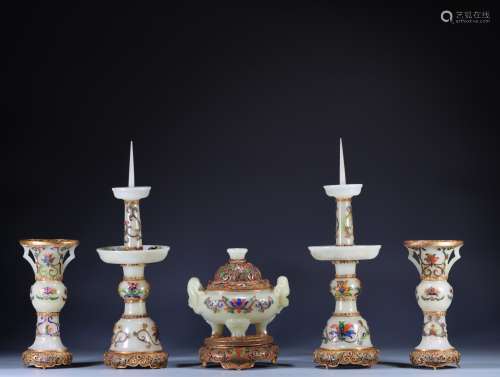 Chinese Qing Dynasty Hetian jade a set of silver gilt five o...