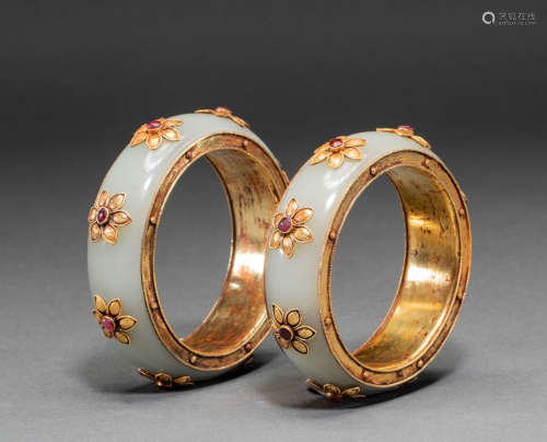 Chinese tang Dynasty hetian jade gilt inlaid bracelet