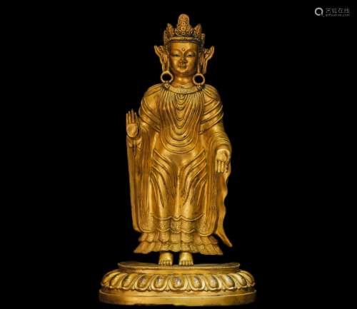 Chinese Qing Dynasty bronze gilt stands Buddha