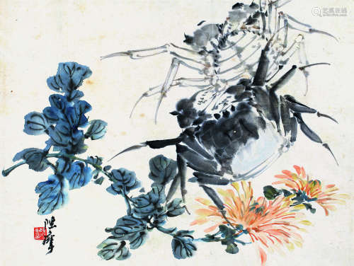 1886～1945 陈摩  菊蟹图 纸本  镜片