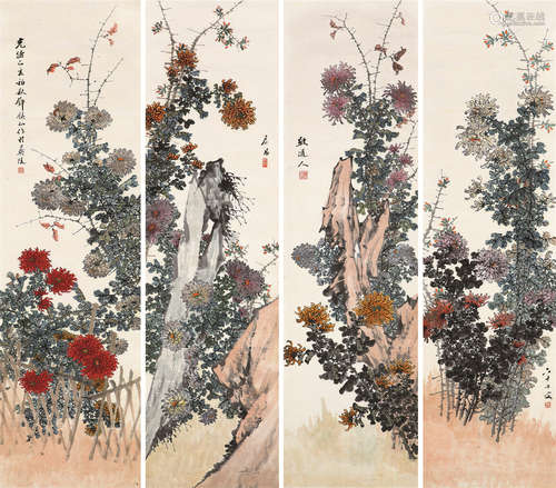 清 邓启昌 1899年作 菊花四屏 纸本  屏轴