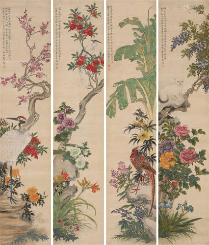 1870～1944 李汉青 1909年作 花鸟四屏 绢本  屏轴