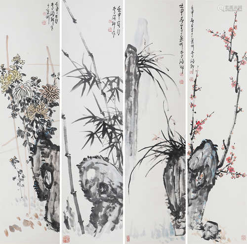 李硕卿（1908-1993）　梅兰竹菊四条屏 设色纸本 立轴