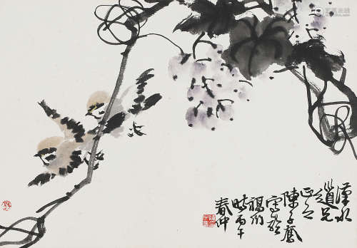 （1898-1976） 陈子奋 葡萄双雀 设色纸本 镜片