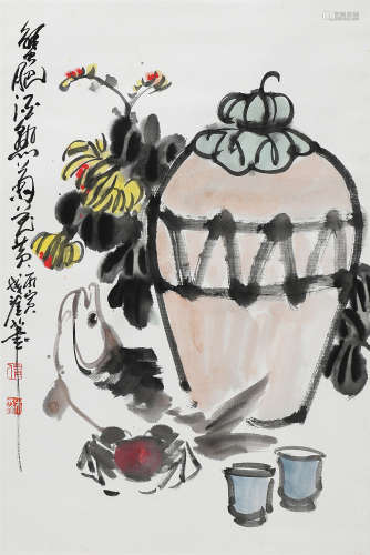 （1914-2001） 朱成淦 蟹肥酒熟 设色纸本 立轴