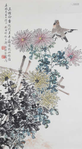 （1858-抗战前） 郑煦 菊雀图1933年作 设色纸本 镜框