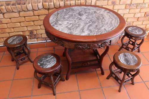 Chinese Marble Top Table and Four Stools,