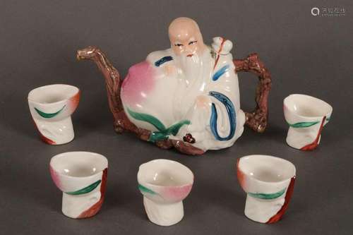 Chinese Porcelain Figural Teapot and Cups,