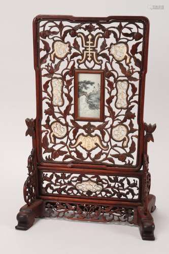 Chinese Pierced Timber & Bone Table Screen,