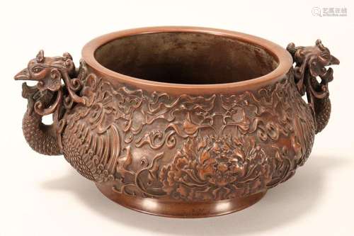 Chinese Twin Handled Heavy Bronze Censer,