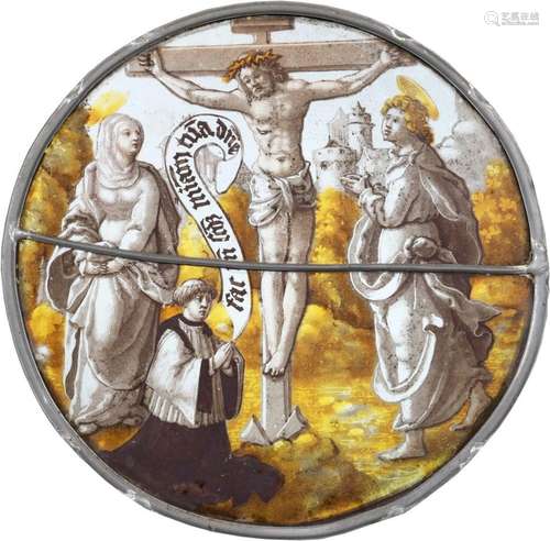 Crucifixion Rondel, Verre en grisaille, jaune d’argent, plom...