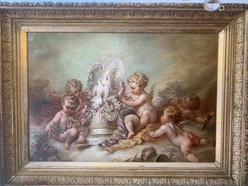 GRAND TABLEAU "PUTTI SCULPTEURS"<br />
Huile sur t...