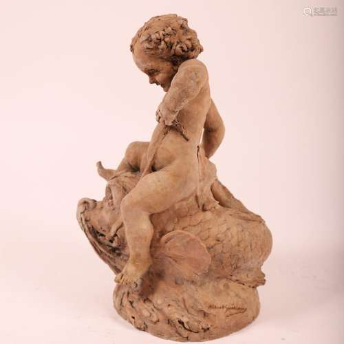 TERRE CUITE ORIGINALE "PUTTI CHEVAUCHANT UN ANIMAL FANT...