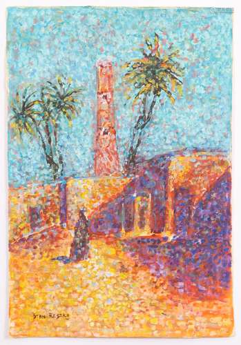 GOUACHE POINTILLISTE ORIENTALISTE "VILLAGE AU MAROC&quo...