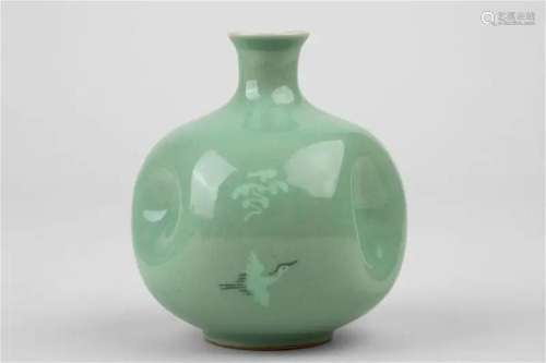 Korean irregular shape celadon wine pot with crane pattern, ...