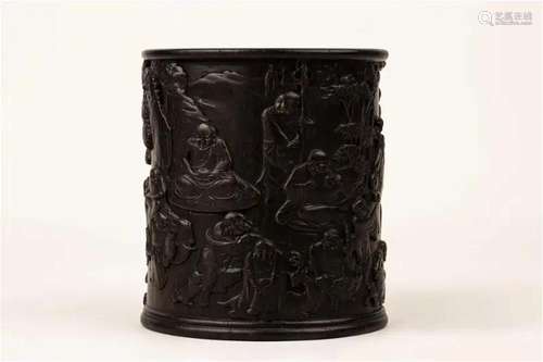 Eighteen Arhats woodcarving brush holder, 20th century