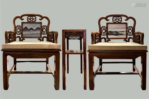 A set of marble backrest mahogany Taishi chair, late Qing dy...