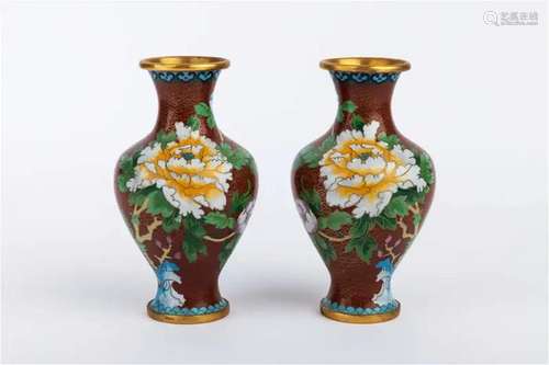 Pair of cloisonnÃ© peony vases, 20th century