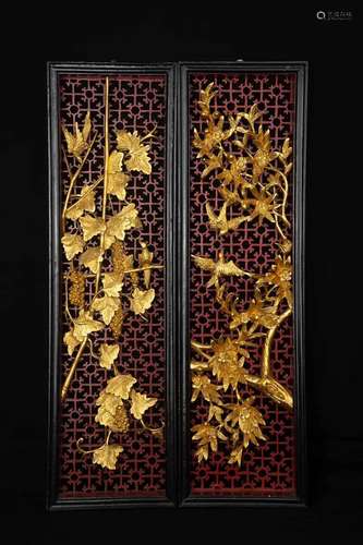 Pair of golden lacquer woodcarvings of flowers and birds, Qi...