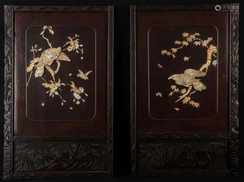 A pair of Japanese flower and bird carving hanging screens, ...