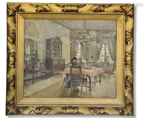 Leon HOYOUX (1856-1940)., La liseuse dans un intérieur bourg...