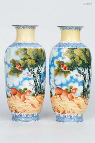 Pair of famille rose Ruyi cloud head, curly grass pattern bo...