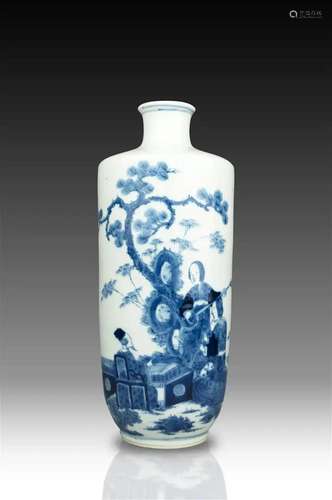 Musician playing blue and white vase with 'Kangxi Nian Z...