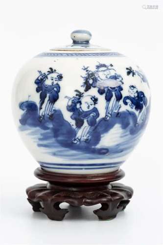 BLUE AND WHITE BABY PLAY FIGURE JAR WITH BASE, MID QING DYNA...