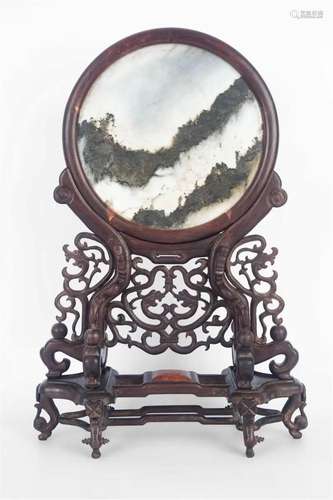 Hollow carved Mahogany marble table screen, late Qing dynast...