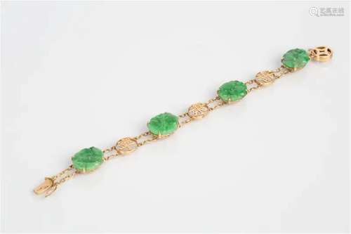 14K gold Fushou Kangning jadeite and rose gold bracelet, 19t...