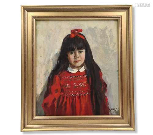 Portrait d'une petite fille en robe rouge., Signature en...